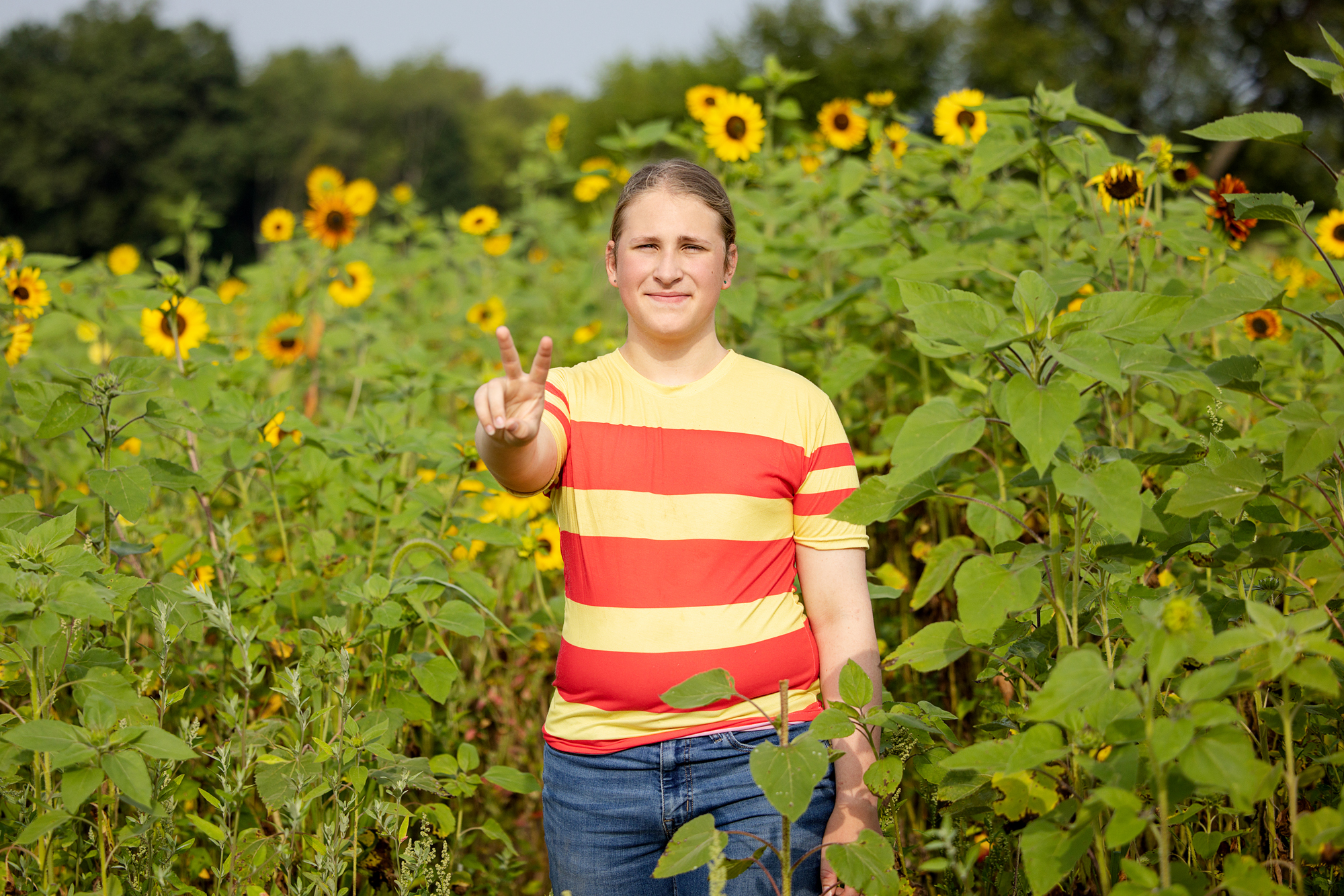 Senior guy in sunflower field